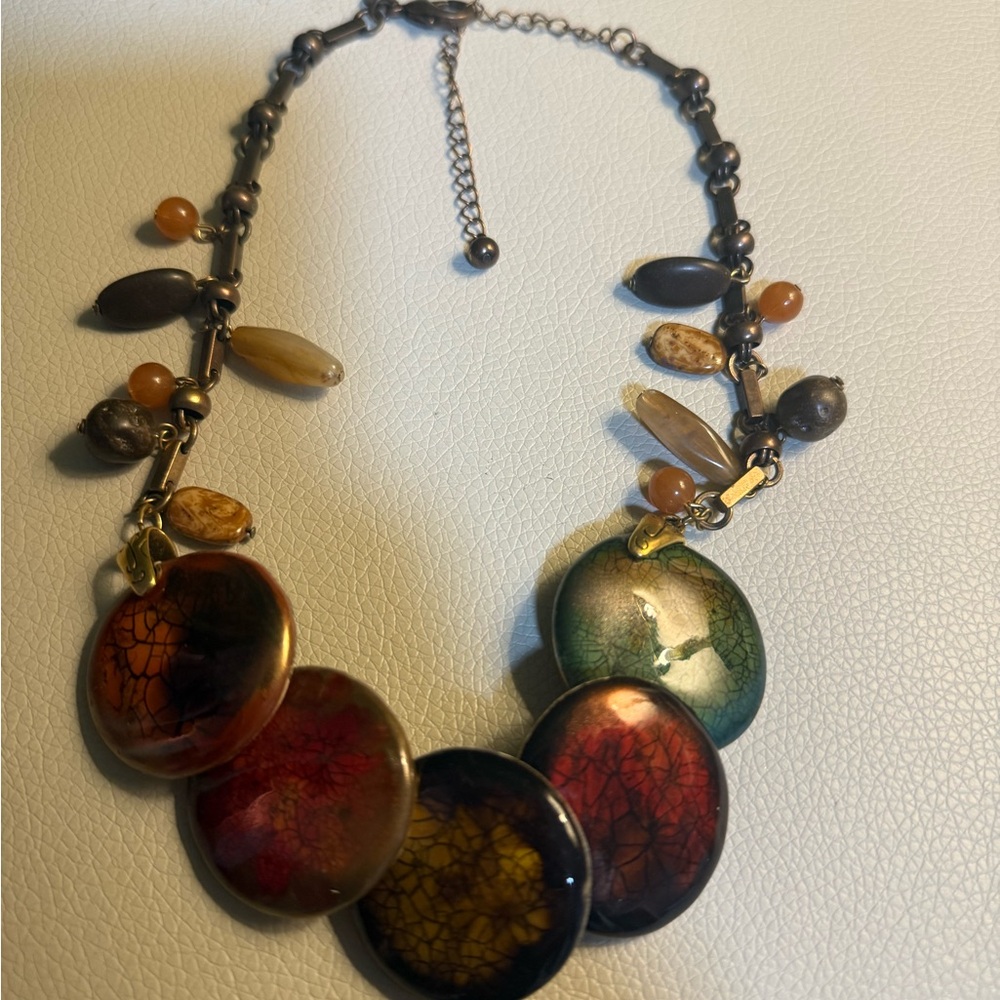 Multicolor Beaded Statement Necklace with Crackle Glass Discs